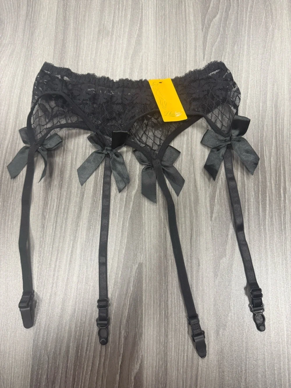 Fhideau Black Lace Garter Belt Black Ribbon Bow Women's Size Small